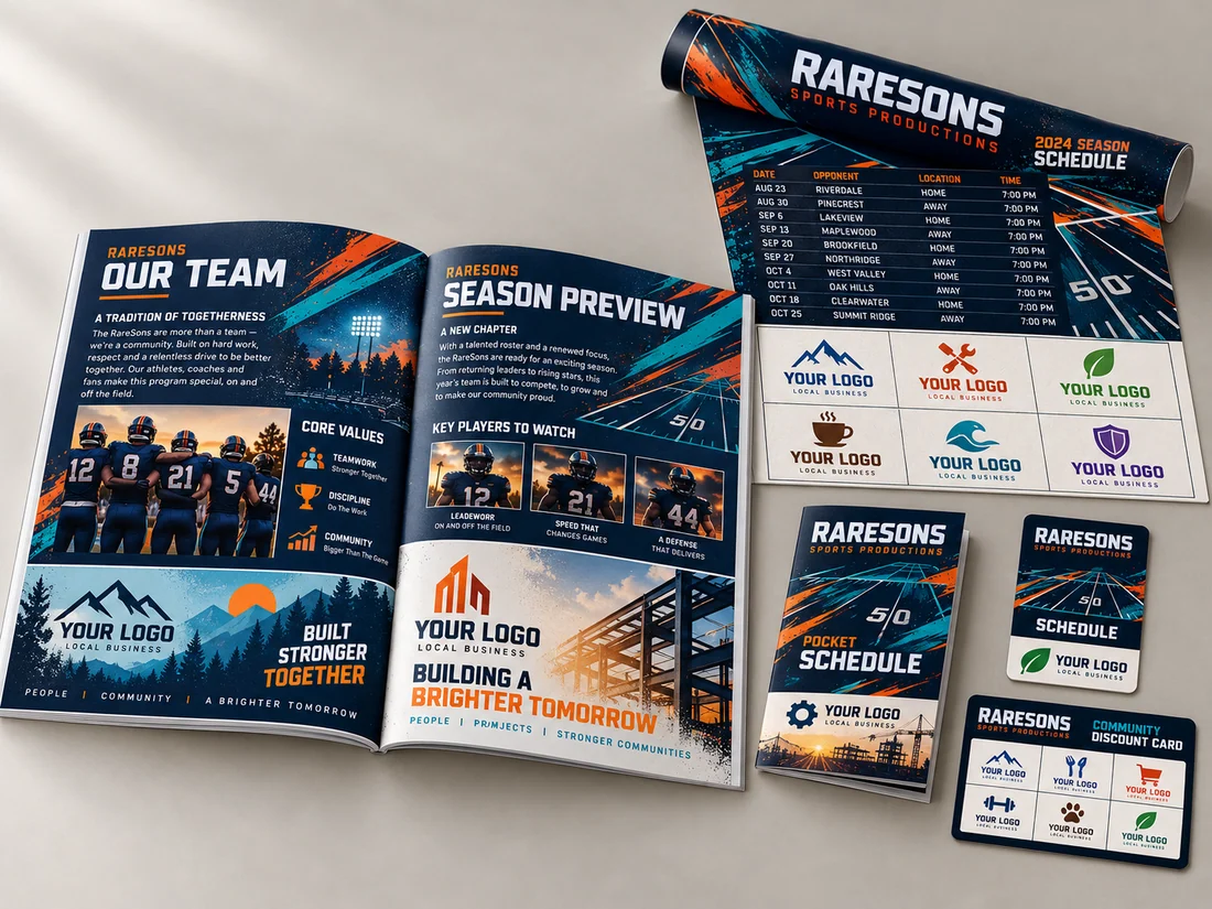 Original concept of a coordinated sports guide, schedule poster and supporter materials